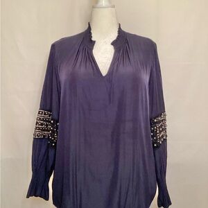 Chico's Beaded Sleeve Navy Blouse